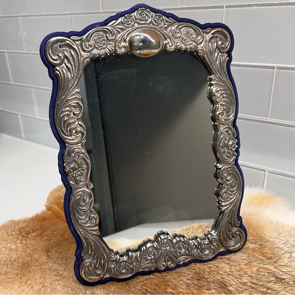 Victorian Style Silver Repousse Ornate Framed Mirror Blue Velvet Back 10.5”H